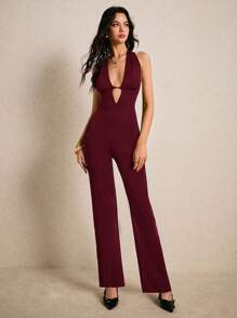 Poéselle 1pc Women's Solid Color Halter Neck Minimalist Fashionable Jumpsuit, Suitable For Summer - Burgundy - View 5