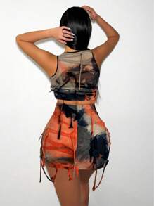 Sirith Tie Dye Fringe Design Slim Fit Vest And Skirt Set For New Year Clothes - Multicolor - View 2
