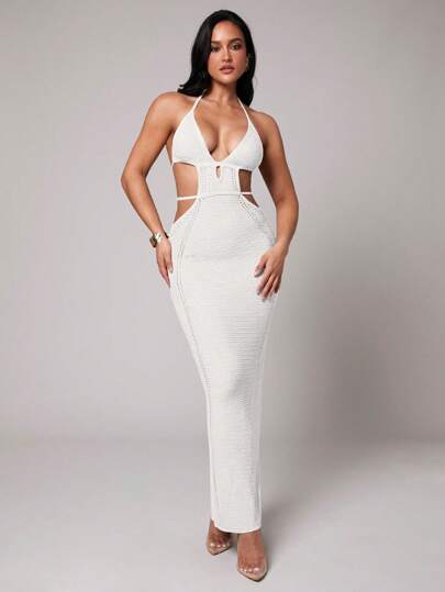 Silquee Vestido de mujer de media longitud con escote profundo en V, hueco y abertura, estilo crochet blanco, ropa para vacaciones de primavera y verano