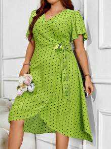Breezaya 大码女式夏季圆点荷叶边袖裹身连衣裙长款女装