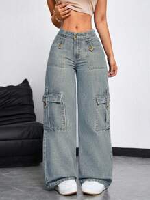 SHEIN EZwear Women's Cargo Pocket Loose Fit Casual Wide Leg Jeans - Light Wash - View 4