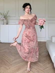 DAZY Abito estivo da donna con colletto quadrato, balze e fantasia floreale mista, in stile patchwork