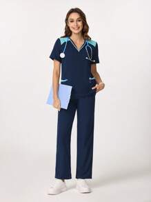 Scrubzie Colorblock Zipper V Neck Design Four Pockets Scrub Sets Sporty Sets Women's Solid Color Splice Short Sleeve Blouse And Long Pants Nursing Scrub Set For Women Scrubs For Women Scrub Sets Nurse Scrub Sets Women Scrub Sets For Women Essential Jogger Scrub Set Nursing Scrub Stretch V-Neck Top & Drawstring Cargo Pants Notch V-Neck Tuck In Top & Drawstring Straight Leg Pants - Navy Blue - View 8
