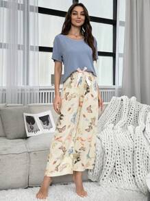 Contrast Floral Bow Tied Crop Top & Long Pants Pajama Set - Multicolor - View 5