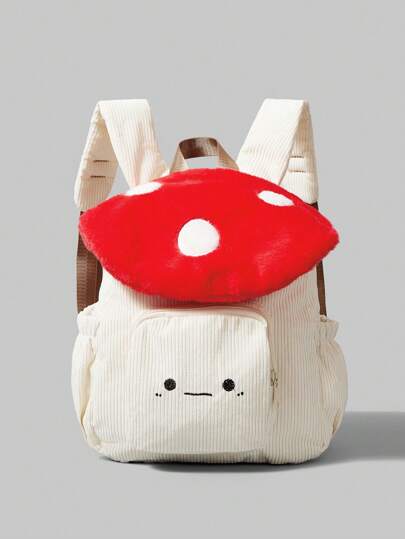 Kawaii Women's Stylish Corduroy Backpack With Mushroom & Smile Embroidery Design ,White Polka Dot Contrast, Large Capacity - Perfect For Back To School Season, Perfectly Matching With Backpack Accessories, Preppy Backpack For School