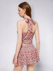 SHEIN Unity 2 件套女式复古碎花露背 V 领短款上衣和层叠荷叶边下摆迷你裙套装，时尚假日别致风格，春夏 - 彩色 - 查看 3