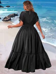 Flirla 大码女式深 V 领系腰长连衣裙 - 黑色 - 查看 3