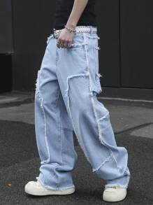 Manfinity EMRG Men's Light Wash Denim Long Jeans With Zipper Details And Frayed Panel Design - Light Wash - View 8