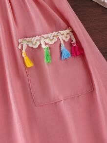 SHEIN Young Girls Pink Lace Trim Cinched Waist Tassels Pockets Embroidery Dress, Casual Cute Summer Outfit For Little Girls - Pink - View 5