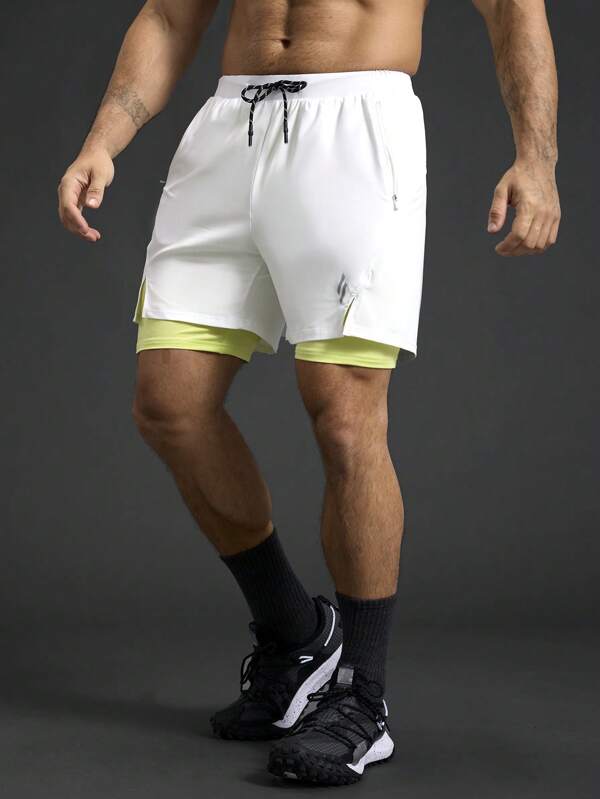 Manfinity Sport Polished Men's Drawstring Waist Double Layer Sports Shorts For Daily Workout Men Shorts Gym