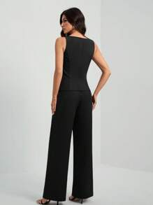 SHEIN Tall Women's Solid Color Round Neck Single-Breasted Vest And Pants Elegant Commuter Suit, Summer Fall Women Clothes Women Set Office Wear Business Casual Women Two Pieces Outfits Fall Women Office Wear Women Set Women Blazers Set - Black - View 2