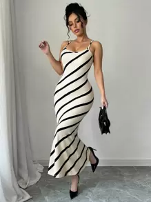 Chiquease 女式超长优雅杏色条纹休闲/工作合身吊带连衣裙