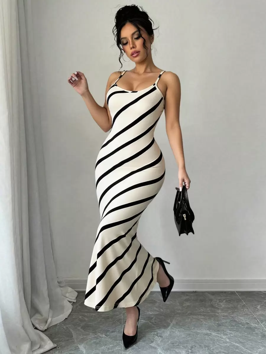 Chiquease 女式超长优雅杏色条纹休闲/工作合身吊带连衣裙