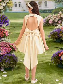 SHEIN Vestido elegante y de color amarillo pato para niñas preadolescentes, con cuello cuadrado de unicolor, sin mangas, espalda descubierta, decorado con gran lazo y empalme en forma de V. Vestido francés elegante y a la moda, ideal para volver al colegio, apropiado para graduaciones, bailes de promoción y fiestas de cumpleaños.