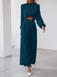 SHEIN Clasi 2pcs Women Solid Color Long Sleeve Top & Pants Set, Simple Fashion, Suitable For Summer - Teal Blue - View 5