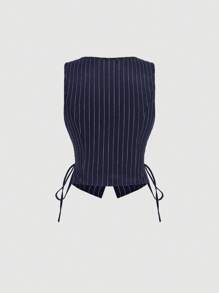 SHEIN MOD V-Neck Sleeveless Side Tie Waist Straight Pants Navy Striped Suit Set,Early Autumn Outfit Back To School Preppy Tops 2pcs Set Navy Pants Old Money Style,Business Casual Women,Office Wear Women Set.Striped Navy Set,Professional Clothes