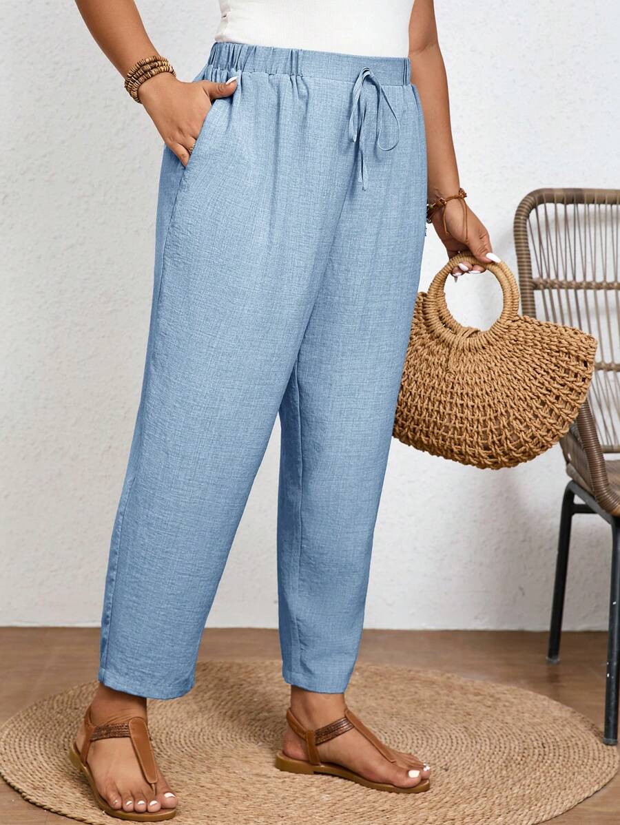 SHEIN Frenchy Plus Size Solid Color Casual Trousers With Elastic Waist And Diagonal Pockets