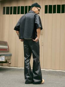 AXEPEAK 男士哥特式 PU 皮革宽松短袖衬衫和裤子休闲西装、街头服饰 - 黑色 - 查看 5