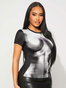 SHEIN SXY 春夏摇滚音乐节街头休闲西式装女款黑色高弹针织身体印花短袖紧身T恤上衣 - 彩色 - 查看 3