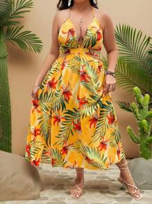 SHEIN VCAY Plus Tropical Print Tie Backless Split Thigh Halter Summer Dress,Beach Dress Sundress,Holiday Outfits Boho - Yellow - View 3