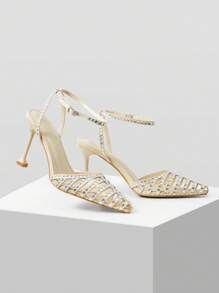 MOTF PREMIUM RHINESTONE HOLLOW-OUT POINTED TOE ANKLE STRAP HIGH HEEL SHOES - Apricot - View 4