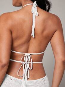 Silquee Cover Ups 白色钩针性感深 V 领镂空开衩春夏度假服中长款女式连衣裙 - 白色 - 查看 5