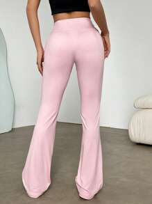 SHEIN Unity 粉色天然超弹力修身打底裤，前中系带，喇叭下摆，运动喇叭紧身裤，适合女士春夏