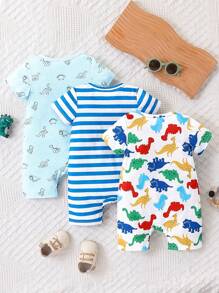SHEIN 3pcs/Set Baby Boys All-Over Cartoon Allover Print Cute Summer Romper - Multicolor - View 2