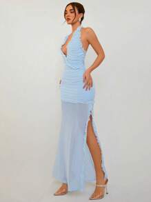 Aloruh Damen Sommerkleid mit tiefem V-Ausschnitt, geraffter Form, Schlitzdetail und Rüschensaum, Blau - Babyblau - Übersicht 5