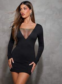 Hauture Women's Sexy Rhinestone Mesh Spliced Bodycon Mini Dress