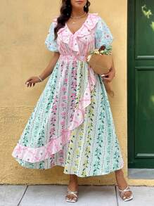 SHEIN Clasi Fashionable V-Neck Ruffle Puff Sleeve Vacation French Style Dress - Multicolor - View 3