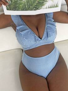 Slaydiva 2 pezzi Bikini a righe con scollo a V e volant per donne taglia curvy, costume da bagno alla moda per spiaggia e vacanza