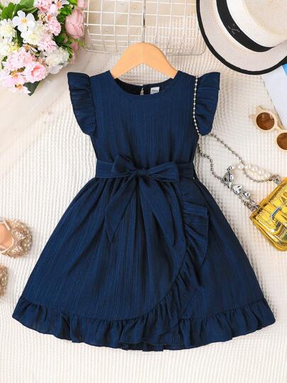 SHEIN Elladie kids Young Girl' Comfortable Casual Ruffle Hem Dress With Detachable Belt, Summer Summer Holiday