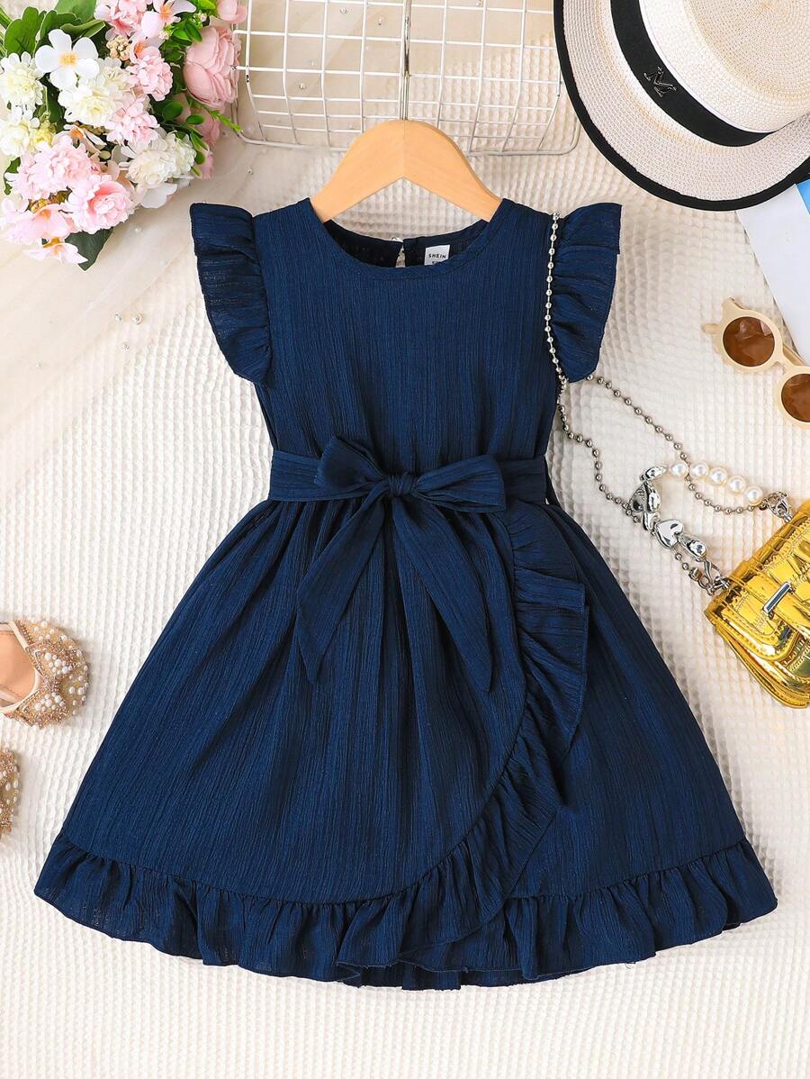SHEIN Elladie kids Young Girl' Comfortable Casual Ruffle Hem Dress With Detachable Belt, Summer Summer Holiday - Royal Blue - View 1