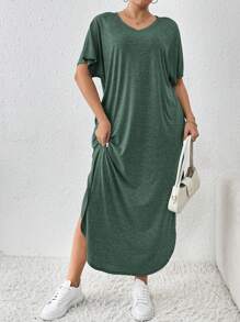 SHEIN Essnce Plus Size Women's Spring And Summer New Fashion Commuter Casual Pocket Design Slit Long Robe Dress - Dark Green - View 3