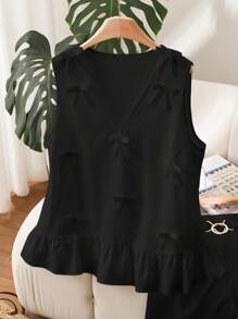 CosyJoli 大码女式无袖蝴蝶结 V 领设计休闲白色衬衫，时尚百搭日常穿着 - 黑色 - 查看 1