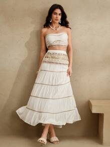 Anewsta Holiday Beach Trip Sequin Patchwork Halter Crop Top & Layered Skirt 2Pcs Set, Women Spring/Summer Vacation Outfits - White - View 3