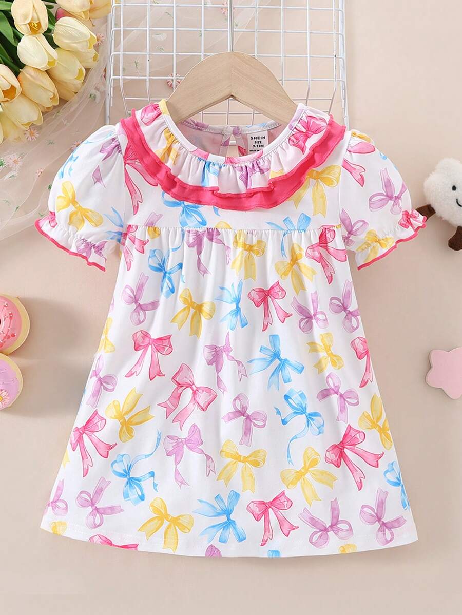 Baby Girl Candy Print Contrast Ruffled Neck Nightgown Loungewear