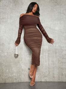 SHEIN SXY 春夏优雅白色长袖露肩褶皱网眼紧身连衣裙