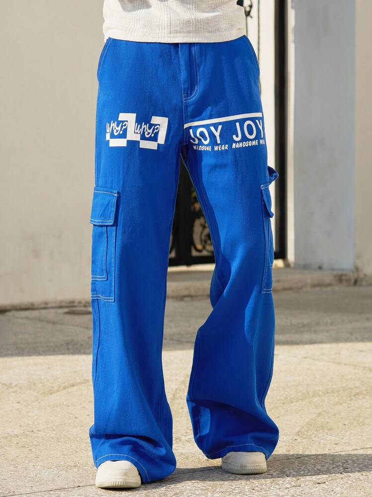 Manfinity Roghcode Men's Blue Denim Long Jeans With Cargo Pockets And Graphic Print - Blue - View 5