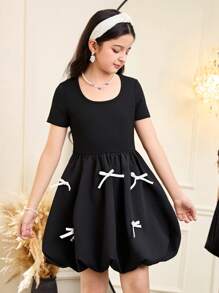 Tween Girls Fitted Casual Contrast Color Bow Decor Short Sleeve Flare Dress - Black and White - View 8