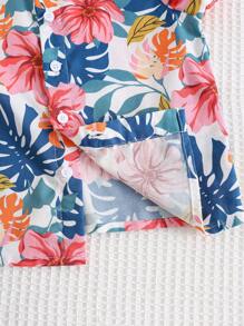 Cozy Pixies 3pcs/Set Toddler Boys Plant & Floral Print Lapel Short Sleeve Top, Button Down Shirt, And Elastic Waist Shorts Outfit