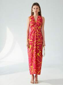 Aveloria Modichic 全新春夏法式复古优雅简约度假深 V 蝴蝶结腰镂空无袖修身喇叭下摆拼色抽象花卉印花连衣裙 - 彩色 - 查看 3