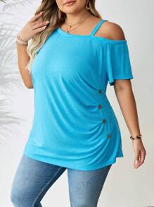 SHEIN CURVE+ Plus Size Asymmetrical Collar Button Decorated T-Shirt, Casual For Summer Holiday - Blue - View 8