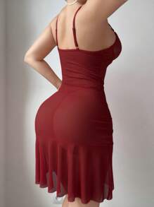 2pcs Set Women Lace & Mesh Sexy Nightgown With Underwire Bra And G-String Panty - Burgundy - View 2