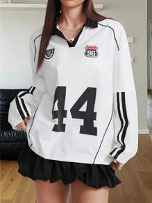 SHEIN EZwear 女士春夏街头装运动休闲数字图案条纹纹理装饰 V 领 T 恤，圣帕特里克节