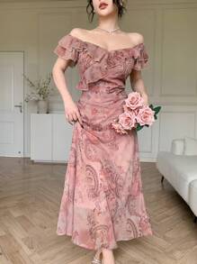 DAZY Abito estivo da donna con colletto quadrato, balze e fantasia floreale mista, in stile patchwork