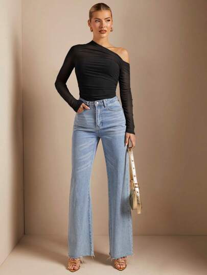SHEIN BAE Camiseta Ajustada De Malla Transparente Con Cuello Asimétrico Y Fruncido Para Mujer