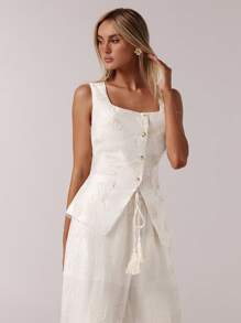 Forever 21 春季简约度假翻领无袖亚麻条纹印花女衬衫 - 白色 - 查看 8