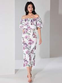 Heiryn Women's Floral Print Off Shoulder Long Dress With Ruffle Hem